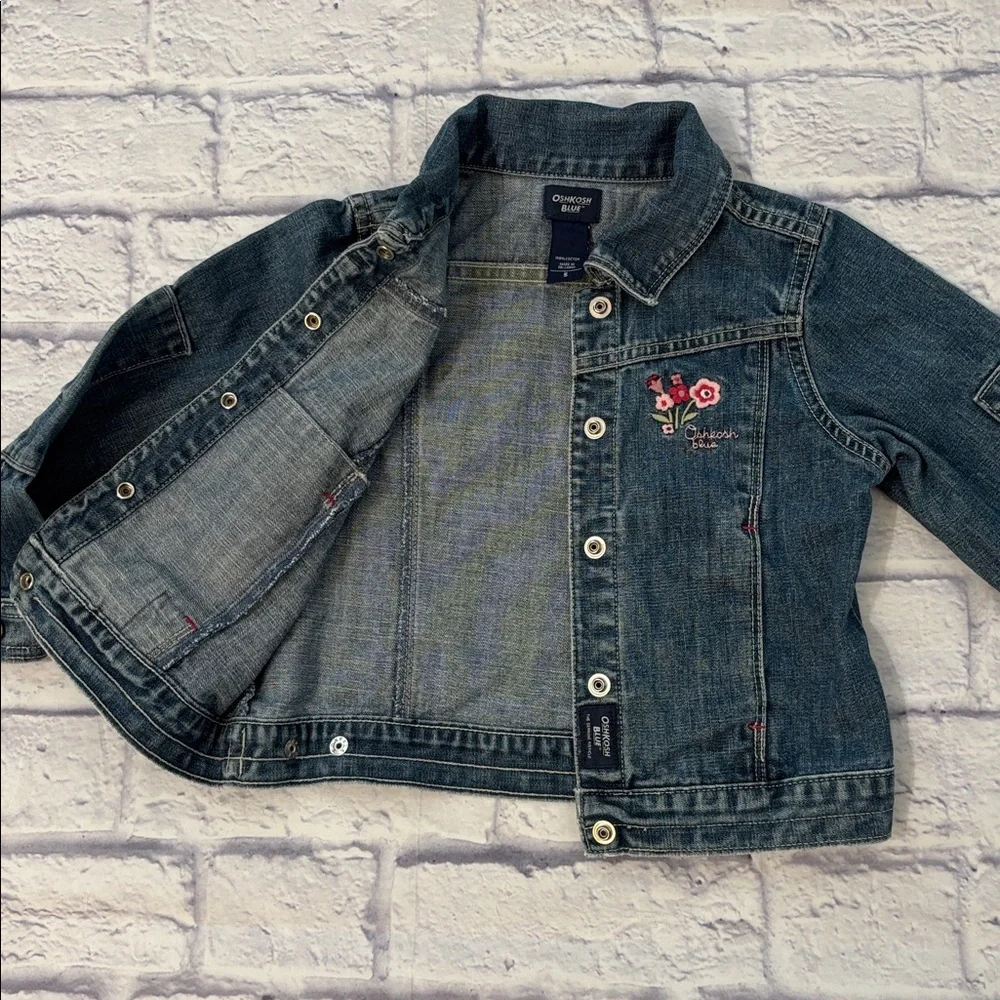 Oshkosh Girls Denim Jean Jacket Pink Floral Embroidery Button Front Girls Size 5